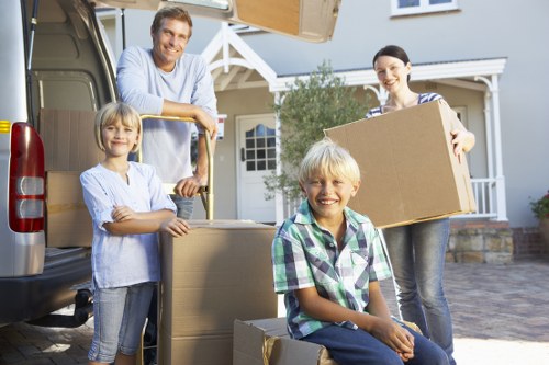 Packed office furniture and business equipment ready for transport